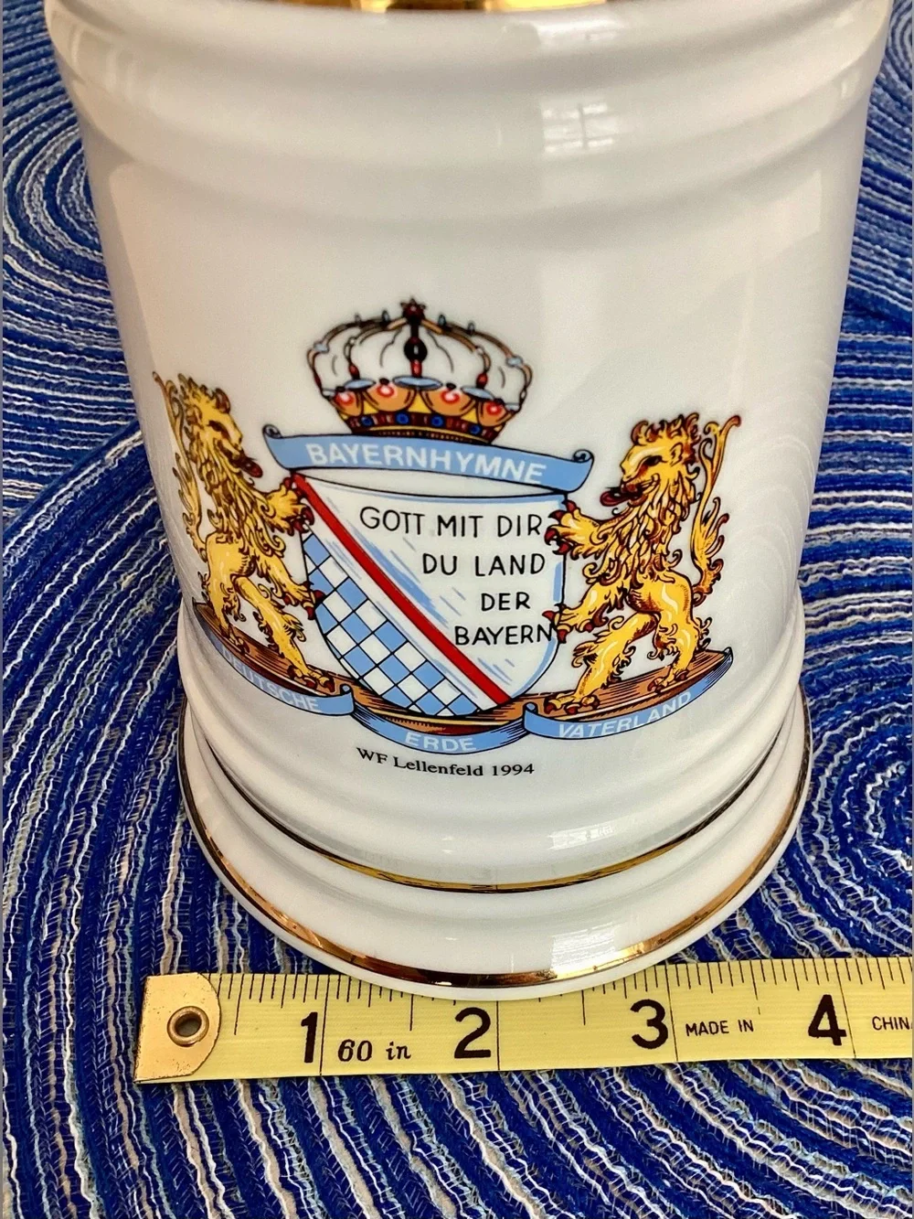 WF Lellenfeld 1994 Porcelain Beer Stein Bavaria Germany Coat of Arms Gold Edging